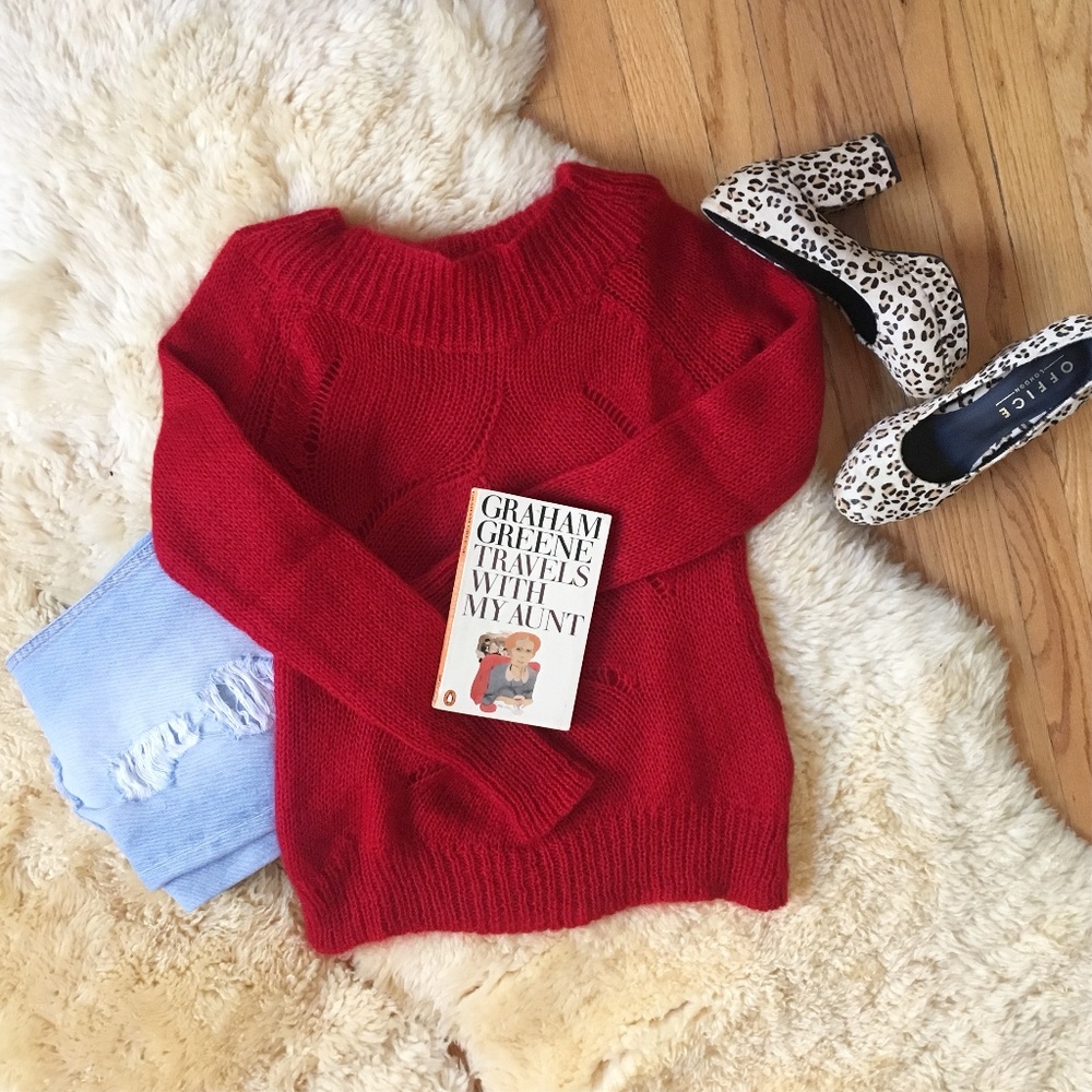Bright Red Mohair Wool Blend Cozy Winter Sweater